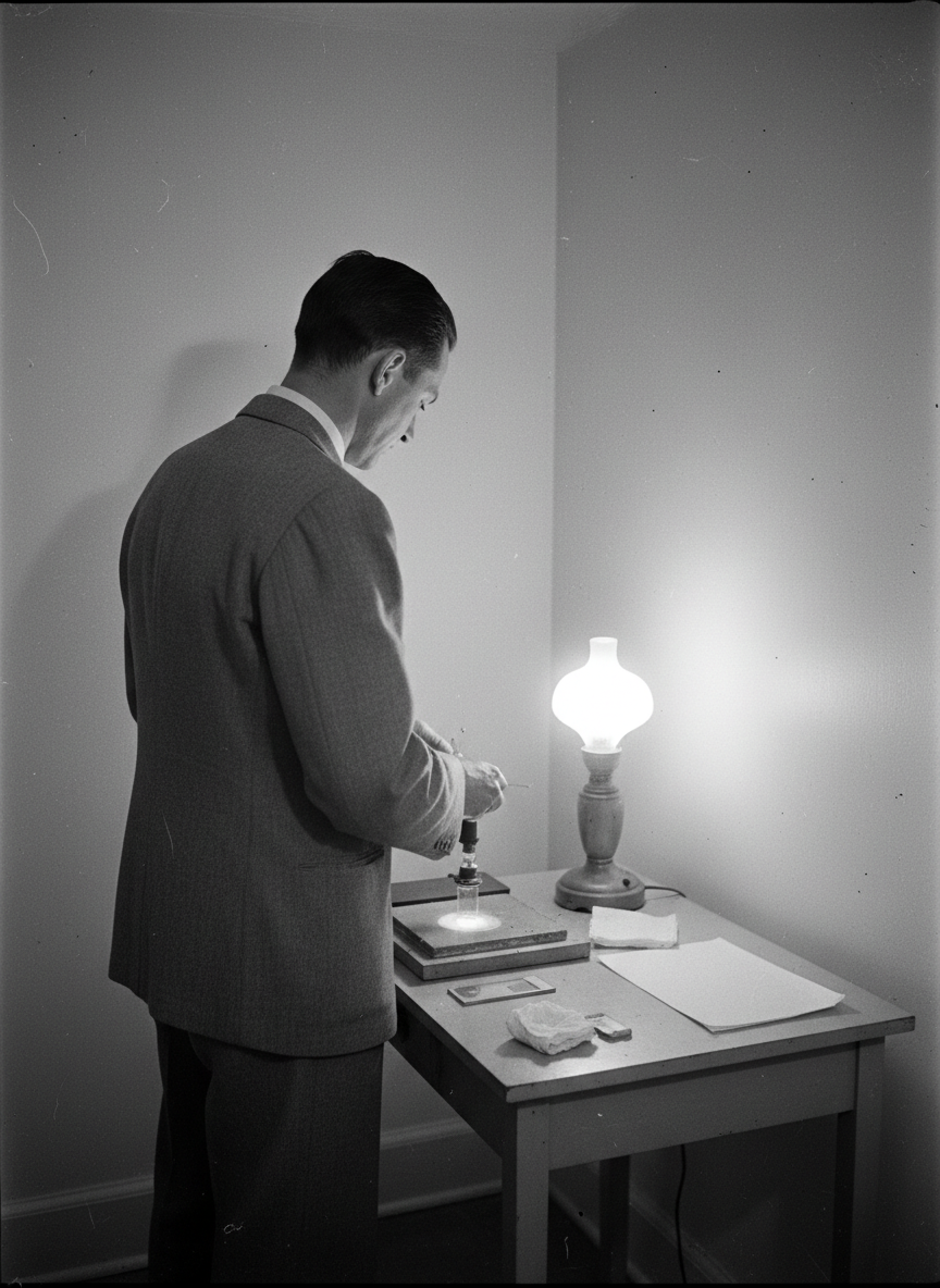 Recreación de Chester Carlson de espaldas realizando su primer experimento de xerografía en 1938