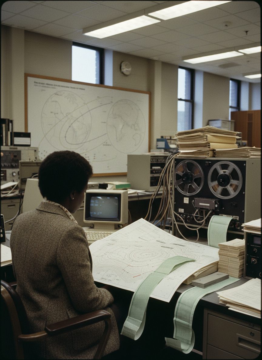 Recreación de Gladys West trabajando de espaldas con datos geodésicos de satélites en un laboratorio naval
