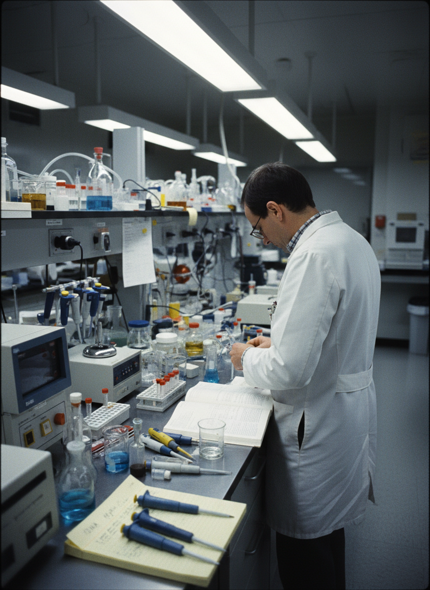 Kary Mullis de espaldas trabajando con muestras y notas de ADN en un laboratorio de biotecnología de los años ochenta.