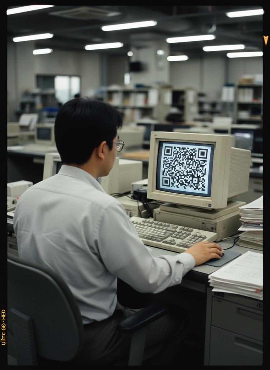 Recreación de Masahiro Hara de espaldas desarrollando el código QR en un laboratorio japonés de 1994