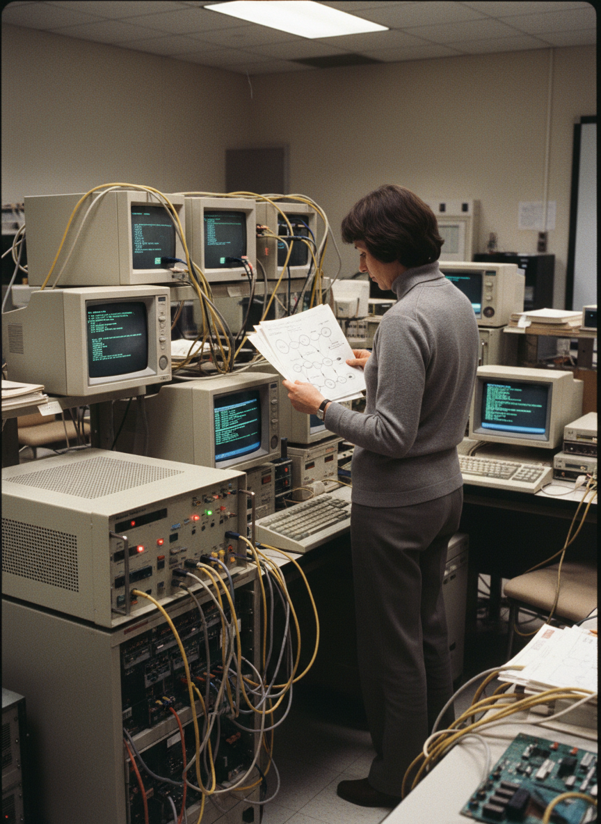 Radia Perlman vista de espaldas entre terminales y diagramas de redes en un laboratorio informático de los años ochenta.